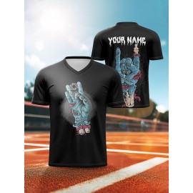 Customizable V-Neck T-Shirt for Teens & Kids, Polyester 100%, All Over Print, Casual Sports Style, Medium Stretch, Ideal for Beach, Parties, Festive Occasions, Spring/Summer/Fall - Knit Fabric