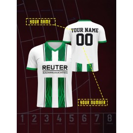 Customizable Kids Soccer Jersey with V-Neck, Polyester Sports Shirt, Medium Stretch Knit Fabric, All-Over Print, Regular Fit, with Name and Number, for Boys and Girls, Casual, Running, Training, Football, Spring/Summer/Fall, Ages 12 and Under