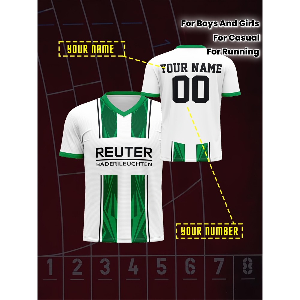 Customizable Kids Soccer Jersey with V-Neck, Polyester Sports Shirt, Medium Stretch Knit Fabric, All-Over Print, Regular Fit, with Name and Number, for Boys and Girls, Casual, Running, Training, Football, Spring/Summer/Fall, Ages 12 and Under