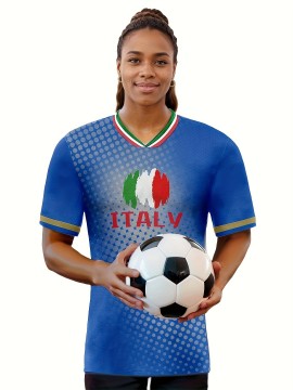 Women's Plus Size Italian Soccer Jersey - V-Neck, Short Sleeve, Breathable & Lightweight Polyester Sports Shirt with ITALY Flag Print, Moisture-Wicking Activewear for Fans & Players, Fan Apparel | Sporty Vneck | Knit Construction