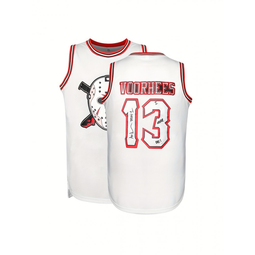 Men's #13 Embroidered Basketball Jersey Tank Top - Breathable Polyester, Round Neck, White with Blue & Red Accents, Sizes S-3XL, Perfect for Sports, Casual Wear, and Summer Activities