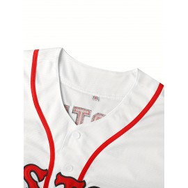 Men's #34 Miami-Inspired Baseball Jersey - V-Neck, Embroidered Name & Number, White & Red Striped Design, Loose Fit for Sports, Parties & Casual Wear