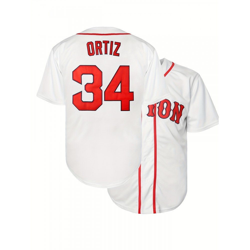 Men's #34 Miami-Inspired Baseball Jersey - V-Neck, Embroidered Name & Number, White & Red Striped Design, Loose Fit for Sports, Parties & Casual Wear