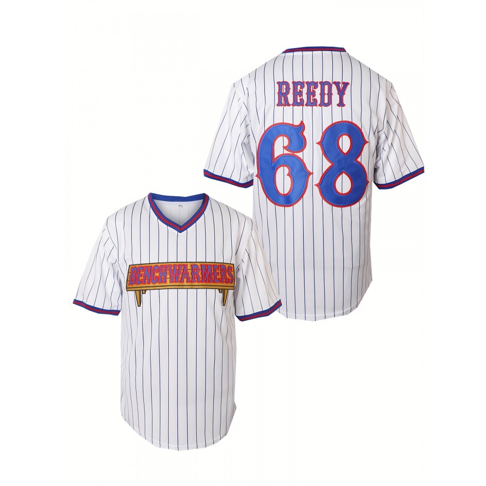 Men's #68 Reedy Embroidered Baseball Jersey - White & Blue Striped Retro Sports Shirt for Parties, Games & Casual Wear