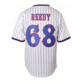Men's #68 Reedy Embroidered Baseball Jersey - White & Blue Striped Retro Sports Shirt for Parties, Games & Casual Wear