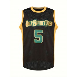 Men'S Embroidered #5 Black Basketball Jersey, Polyester V-Neck Sports Jersey with Slight Stretch, Loose Fit, for Adult Men, Four Seasons & Parties