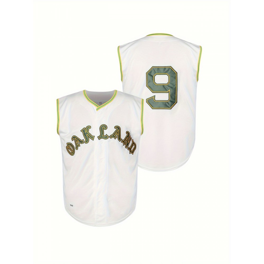 Men'S #9 White Sleeveless Baseball Jersey with Green & Yellow Accents - Full Embroidery, V-Neck, Athletic Fit for All Seasons, Casual & Competitive Wear, Casual Sports Jersey | Embroidered Jersey | Comfortable Fit Jerse