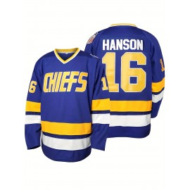 Men's #16 Blue Hockey Jersey - V-Neck, Embroidered Letter & Number Design, Polyester, Machine Washable, Perfect for Sports & Casual Wear, All-Season Comfort Fit, Loose-Fit Pullover Sweatshirt