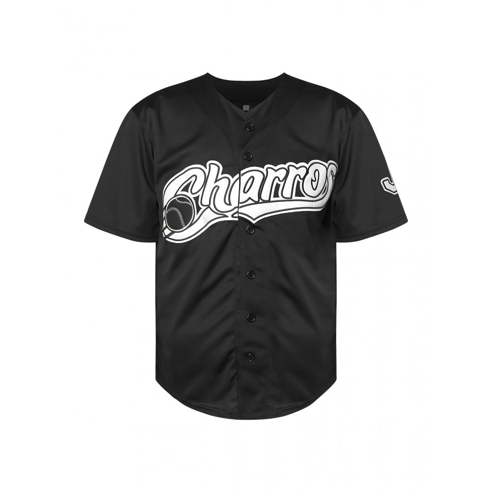 1pc Men'S Black V-Neck Polyester Baseball Jersey with Embroidered Lettering and Number - Slight Stretch Knit Fabric, Loose Fit, Button Closure, Sports & Party Wear for Four Seasons