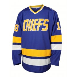 Men's #18 Blue & Yellow Embroidered Hockey Jersey - V-Neck, Long Sleeve, Loose Fit, Polyester, Machine Washable for Sports & Fans