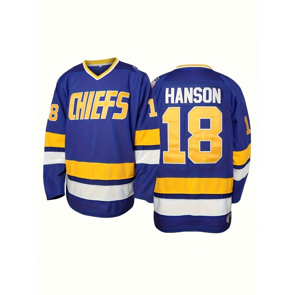 Men's #18 Blue & Yellow Embroidered Hockey Jersey - V-Neck, Long Sleeve, Loose Fit, Polyester, Machine Washable for Sports & Fans