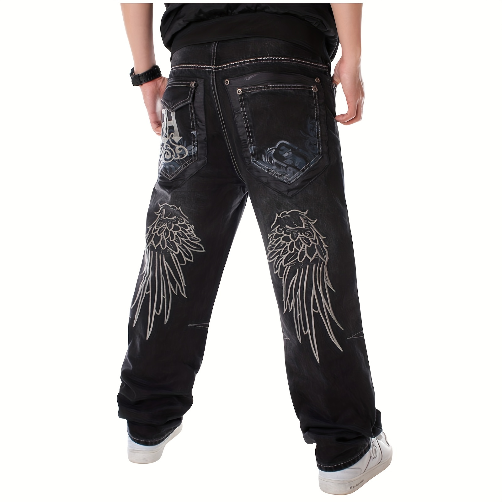 mens vintage straight leg jeans loose embroidery hip hop dance denim pants   details 1