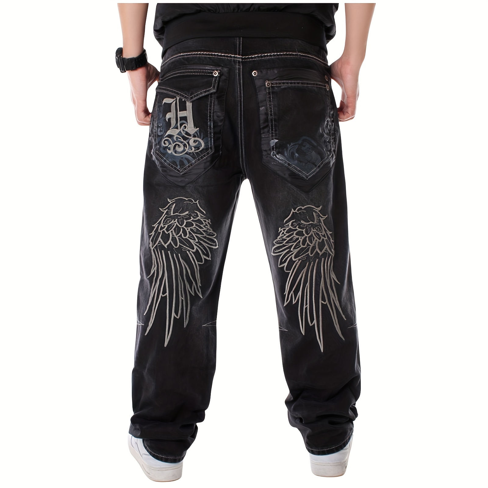 mens vintage straight leg jeans loose embroidery hip hop dance denim pants   details 2